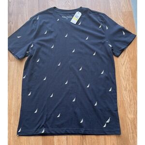 Nautica Men's T-Shirt Size Medium Navy Blue All Over Logo Print Crew Neck NEW